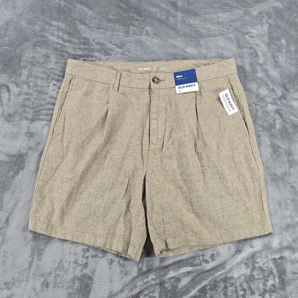 Old Navy Shorts Mens 34 Brown Slim Pleated  Linen Blend Summer Casual 7" Inseam - Picture 1 of 9